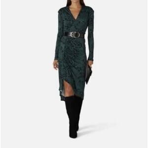 ATLEIN Green Snake Print Ruched Stretch Faux Wrap EU 42 or L Dress MSRP $875